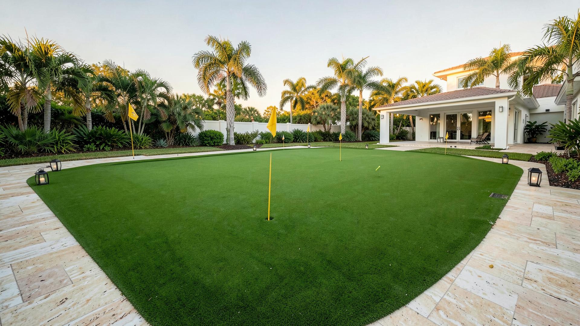 Artificial backyard putting green with yellow flags in a Florida home